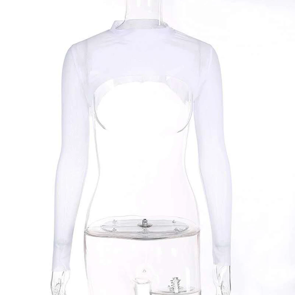 Long Sleeve Mesh T-shirts 2023 New Clothing Ladies Sexy Sheer Solid Color Tee Tops Tee Tops.Shrug Pullovers New