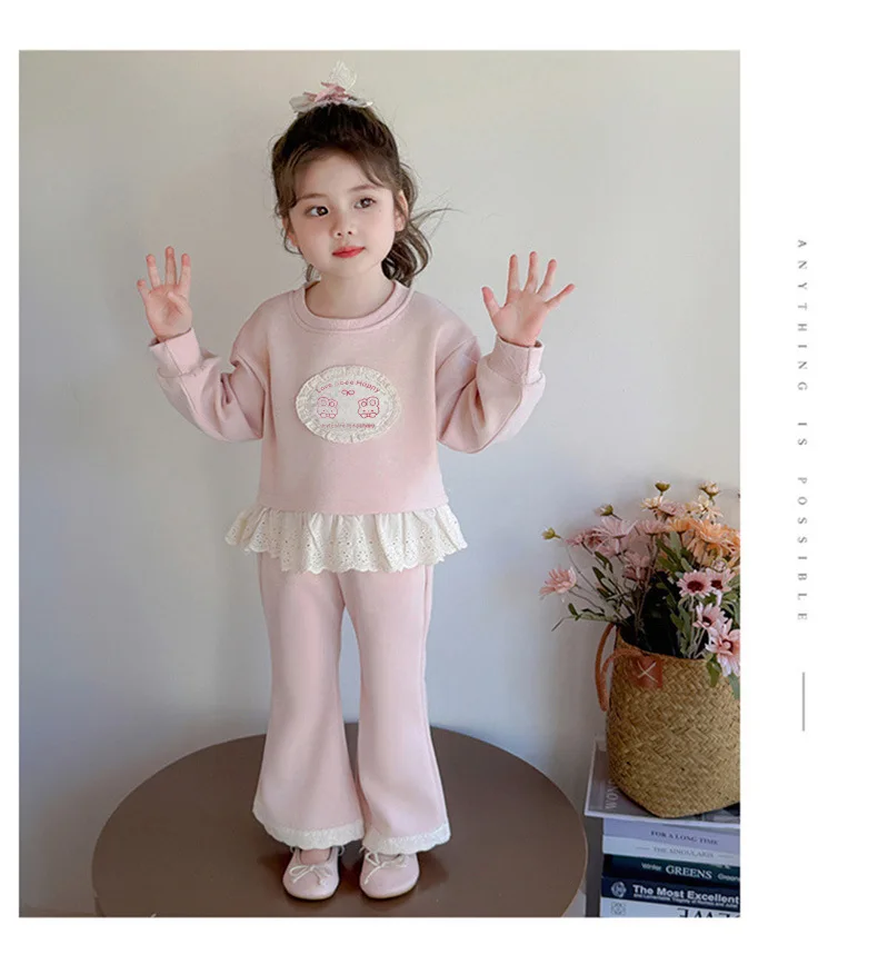 2026 Neues Herbst-Set für Mädchen, 2-teilig, Kinder-Sweatshirt mit süßem Muster, Spitze und Rüschensaum, Hosenanzug, lässiges Prinzessinnen-Outfit für Kinder, 0-10 Jahre – Detail 10