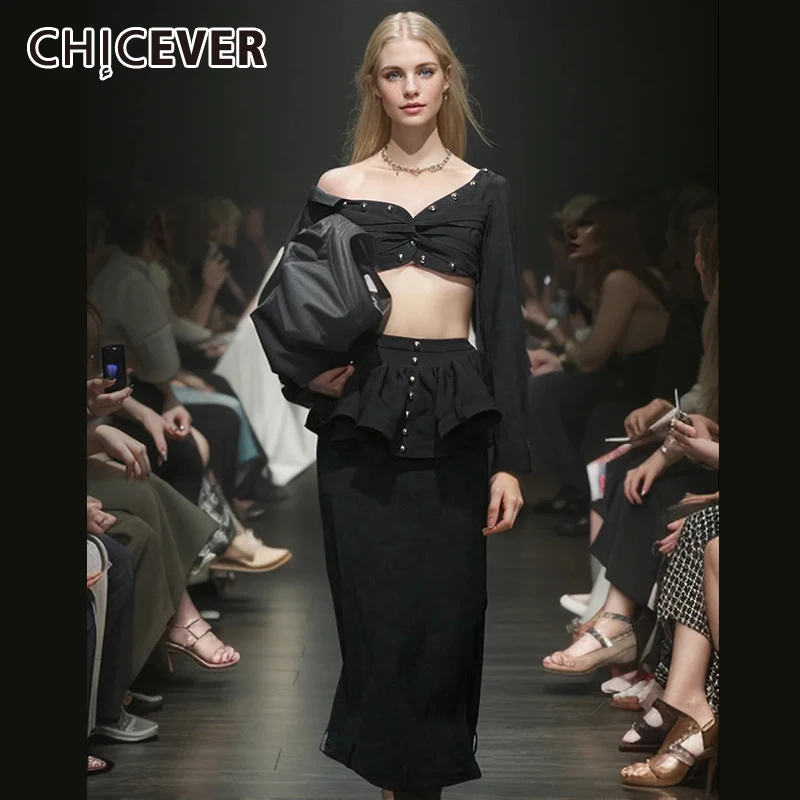 

CHICEVER Solid Sets For Women Slash Neck Long Sleeve Folds Crop Top High Waist Spliced Ruffles Loose Maxi Skirt Chic Set Female