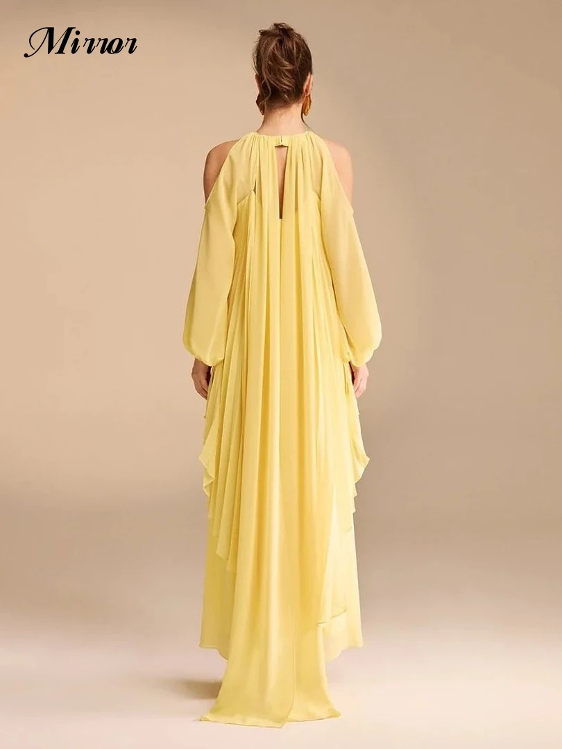 Mirror Dress Elegant Vintage Sweet Simple Yellow Ruffle Asymmetrical Customize Formal Occasion Prom Dress Evening Party Gowns