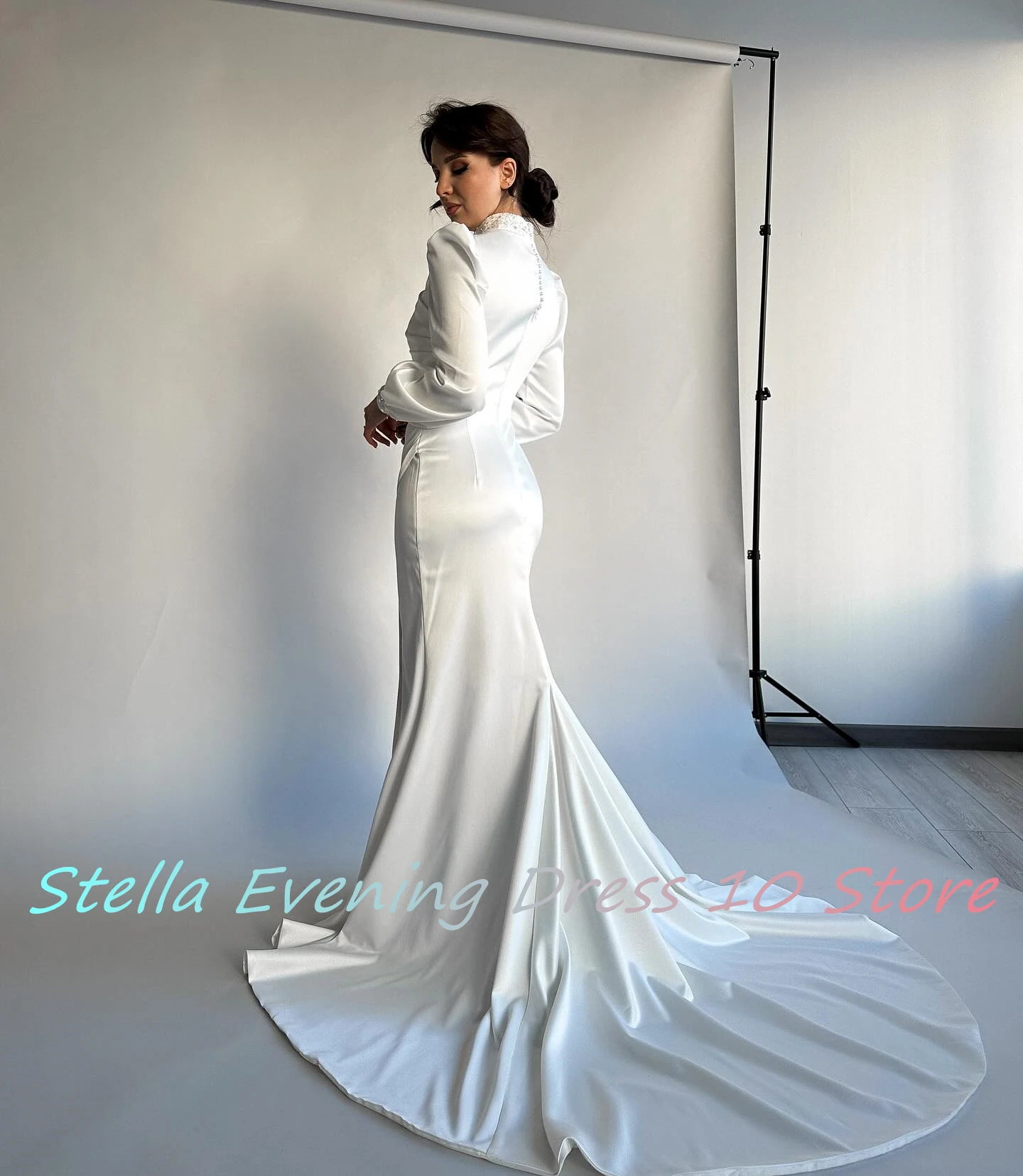 Customized Luxury Satin A-Line Crystal Pearls Evening Dress High Quality Floor Length Long Sleeves платье вечернее Custom Size