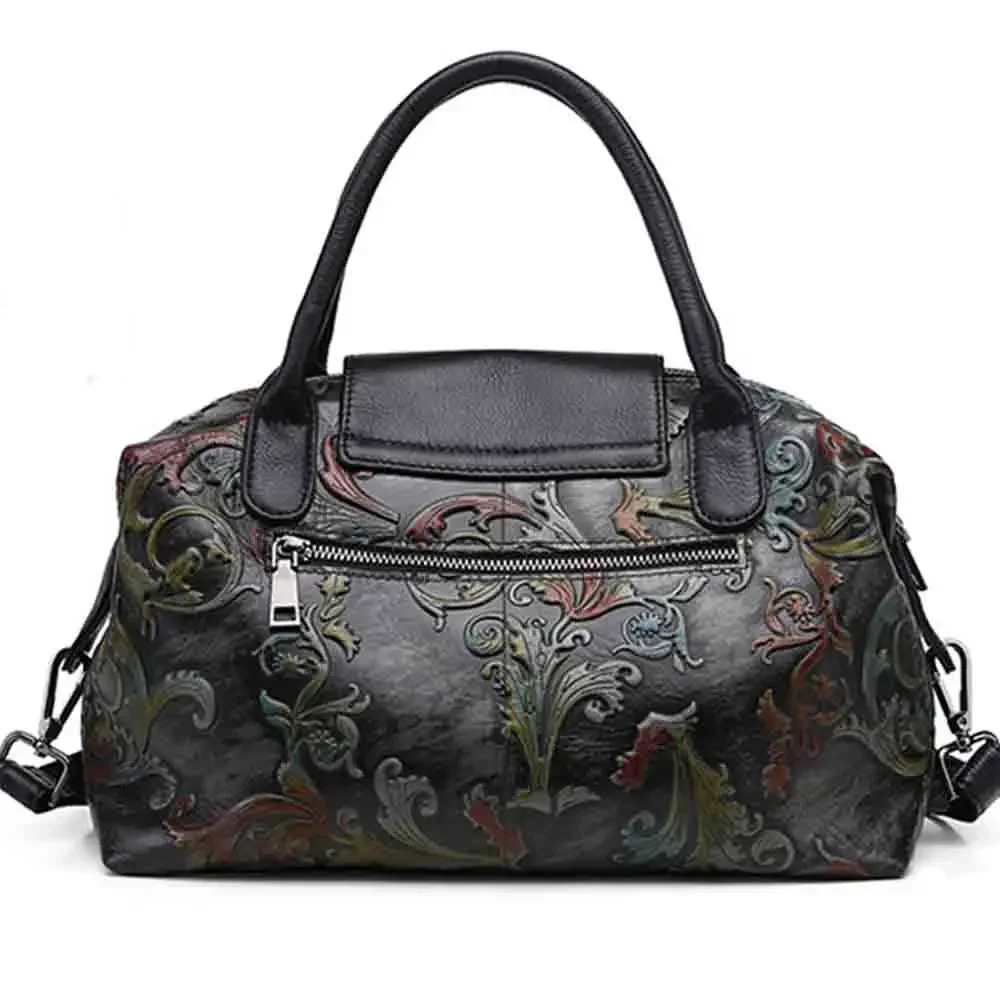 Motingsome High Quality Calfskin Casual Tote for Women Retro Flower Pattern Shoulder Handbag Vintage Ladies Genuine Leather Bag