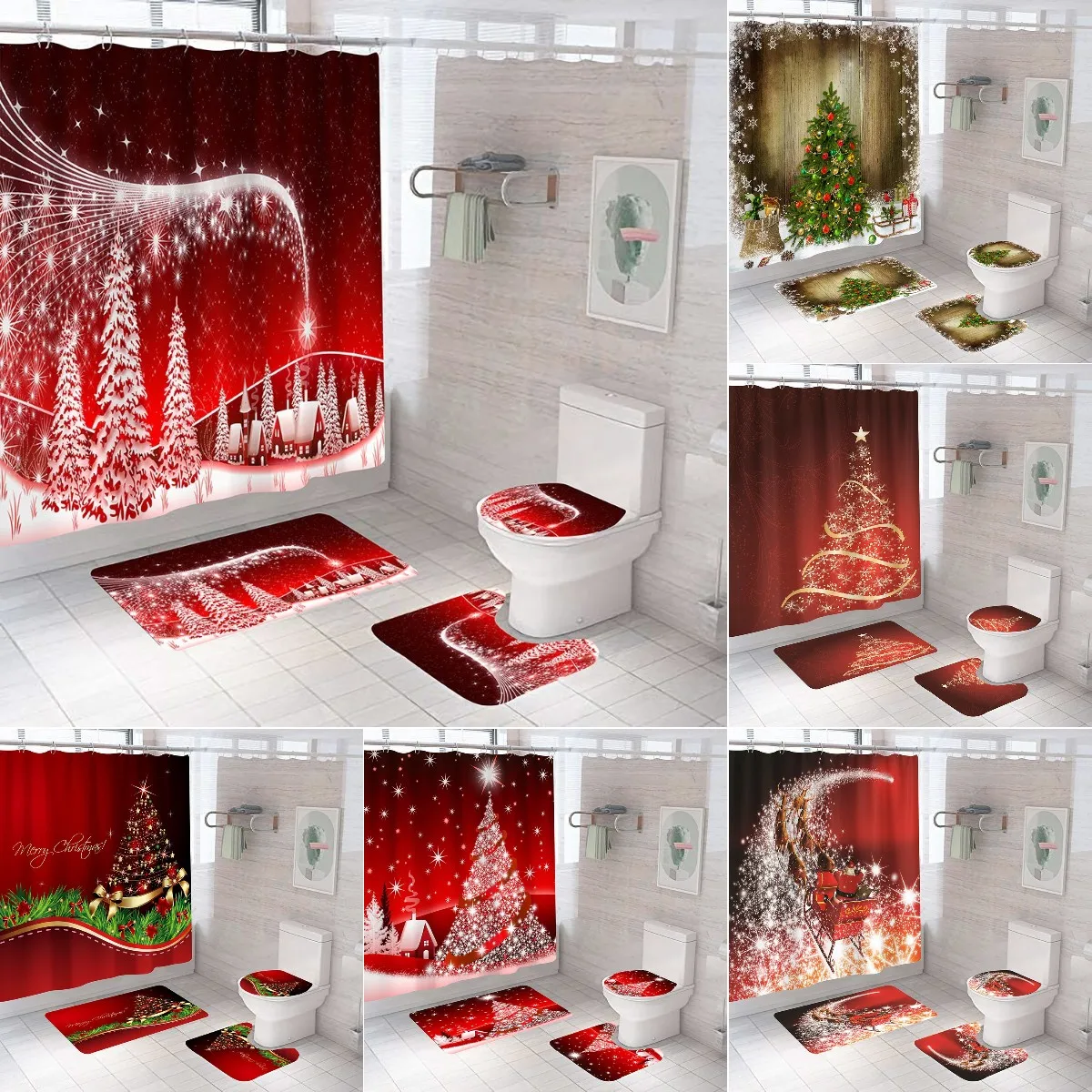 

Christmas Tree Bathroom Set Shower Curtain Set Waterproof Santa Claus Anti-skid Rugs Toilet Cover Bath Curtains Set with Hooks