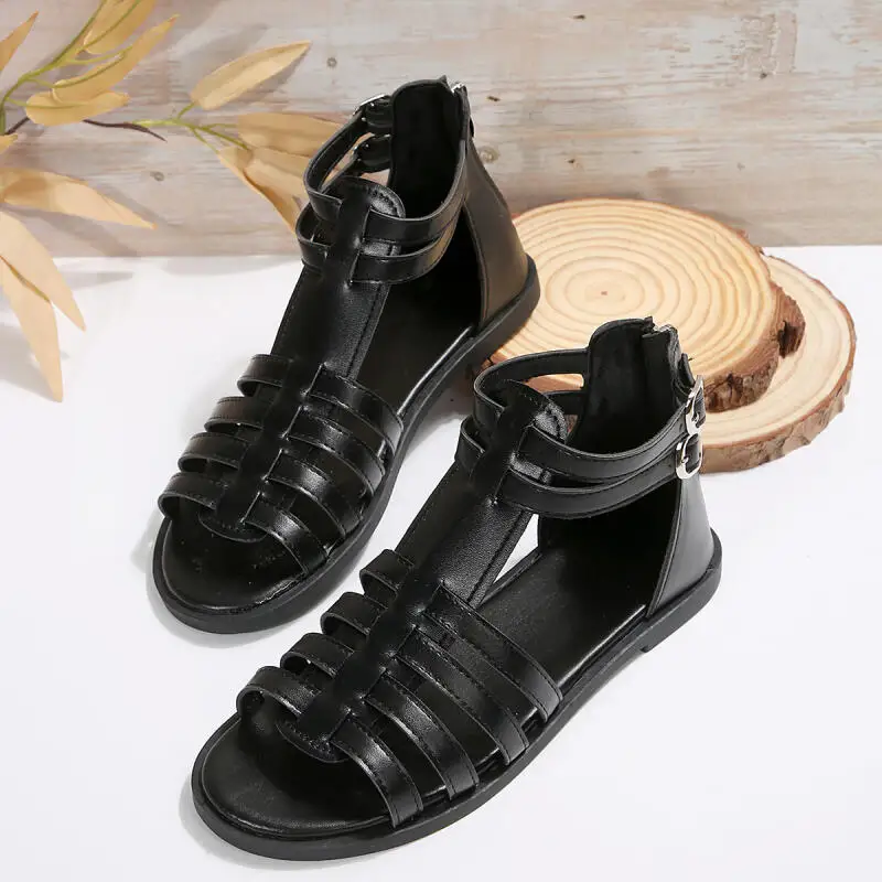 Vintage Flat Heel Black Gladiator Sandals Women Summer Metal Buckle Designer Back Zip Sandals Plus Size Woman's 2026 New Shoes view 6