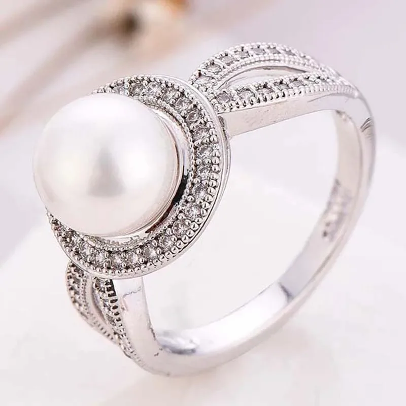 Fashion New Romantic Big Round imitation pearl Women Ring Female Wedding Party Anniversary Birthday Gift Trendy Ring Jewelry