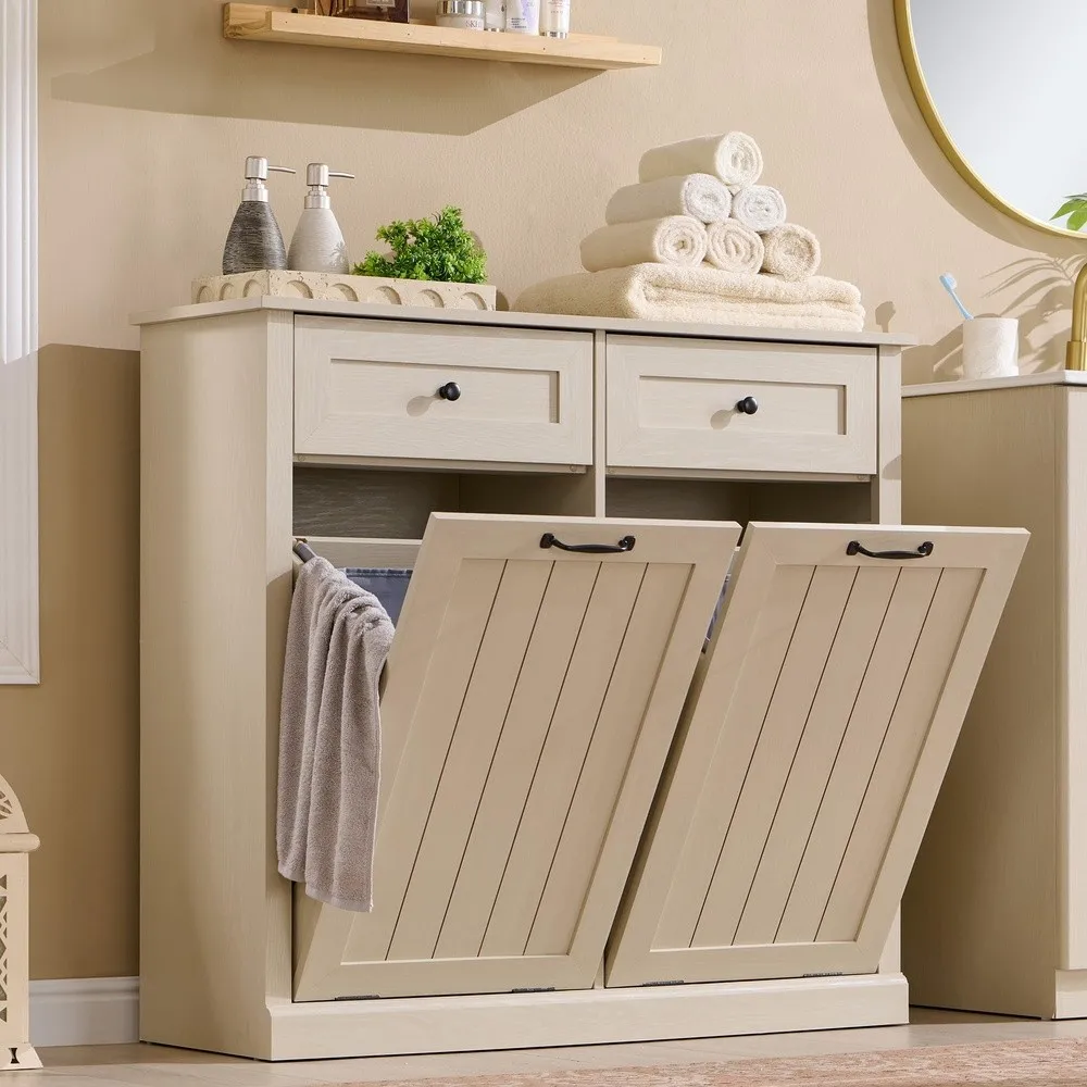 Double Tilt Out Laundry Hamper Cabinet Trash Cabinet Cream