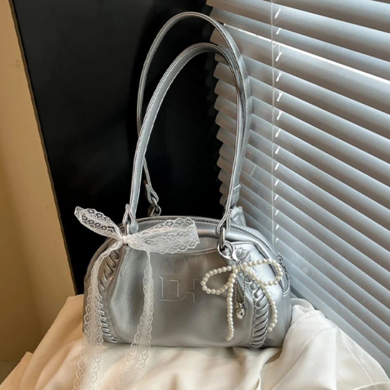 

Корейский дизайнер Y2k Сумка на плечо для девочек под мышками, балетная кружевная сумка-подушка для боулинга, нишевая сумочка, компактный шикарный кошелек, желтый/белый