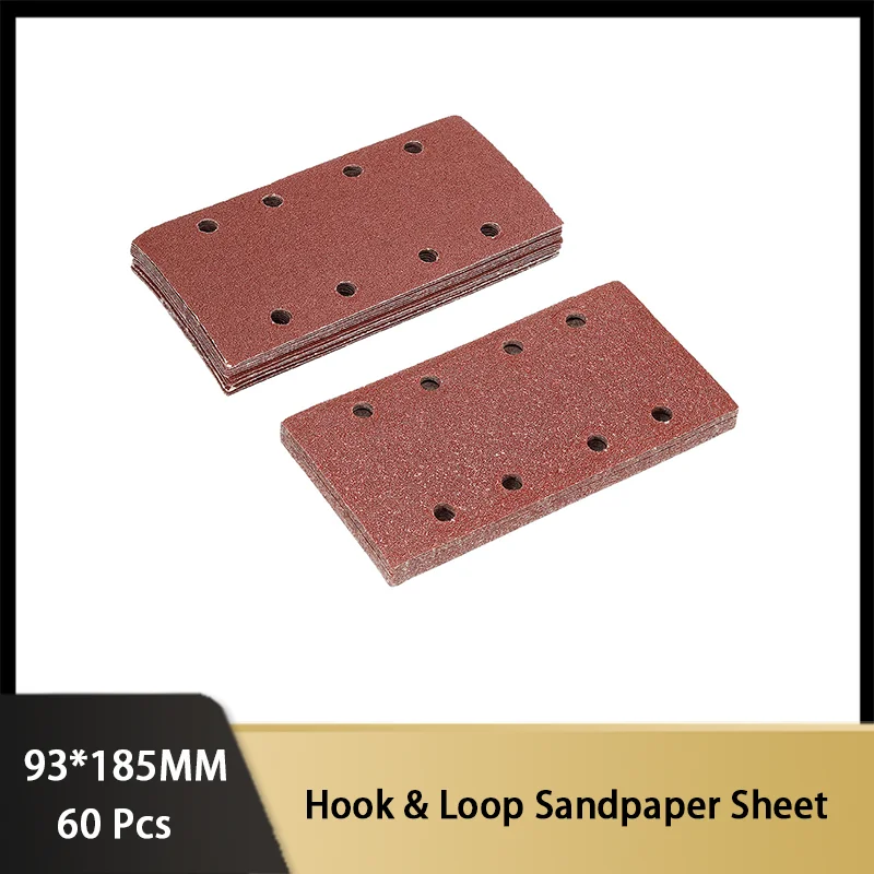 

93*185MM Hook & Loop Sandpaper Sheet 60 PCS Assorted 60/80/100/120/150/240 Grit Aluminum Oxide for 1/3 Sheet Sander Sander Paper