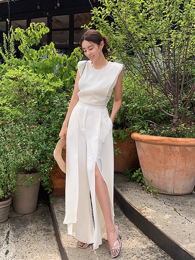

Ele Slit Chiffon Tank Onesie Women's Summer New Casual Long Pants High Waist Wide Leg Commute Sle Faionable Ensemble