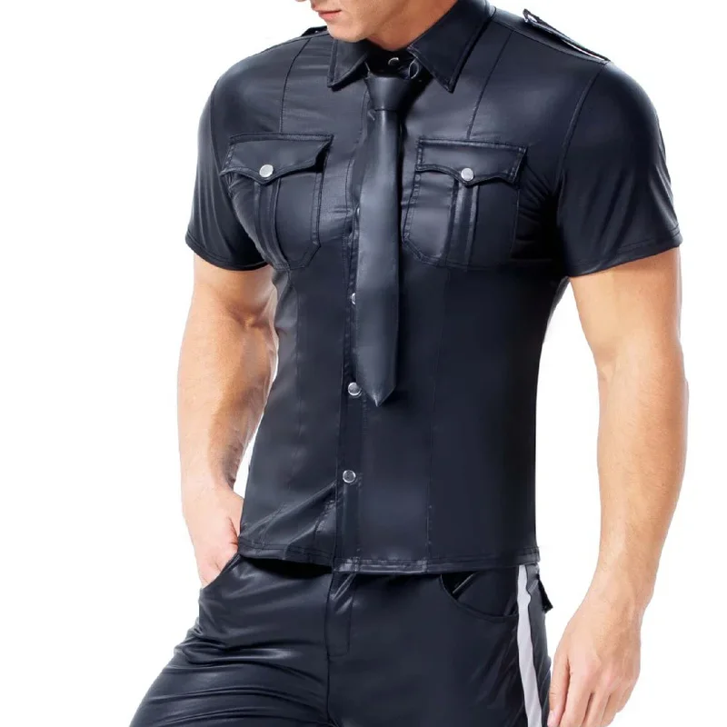 Men PU Leather T-shirt Tie Turn-down Collar Button Short Sleeve Tee Shirts Sexy Chemise Latex Clubwear Tops Streetwear Plus Size