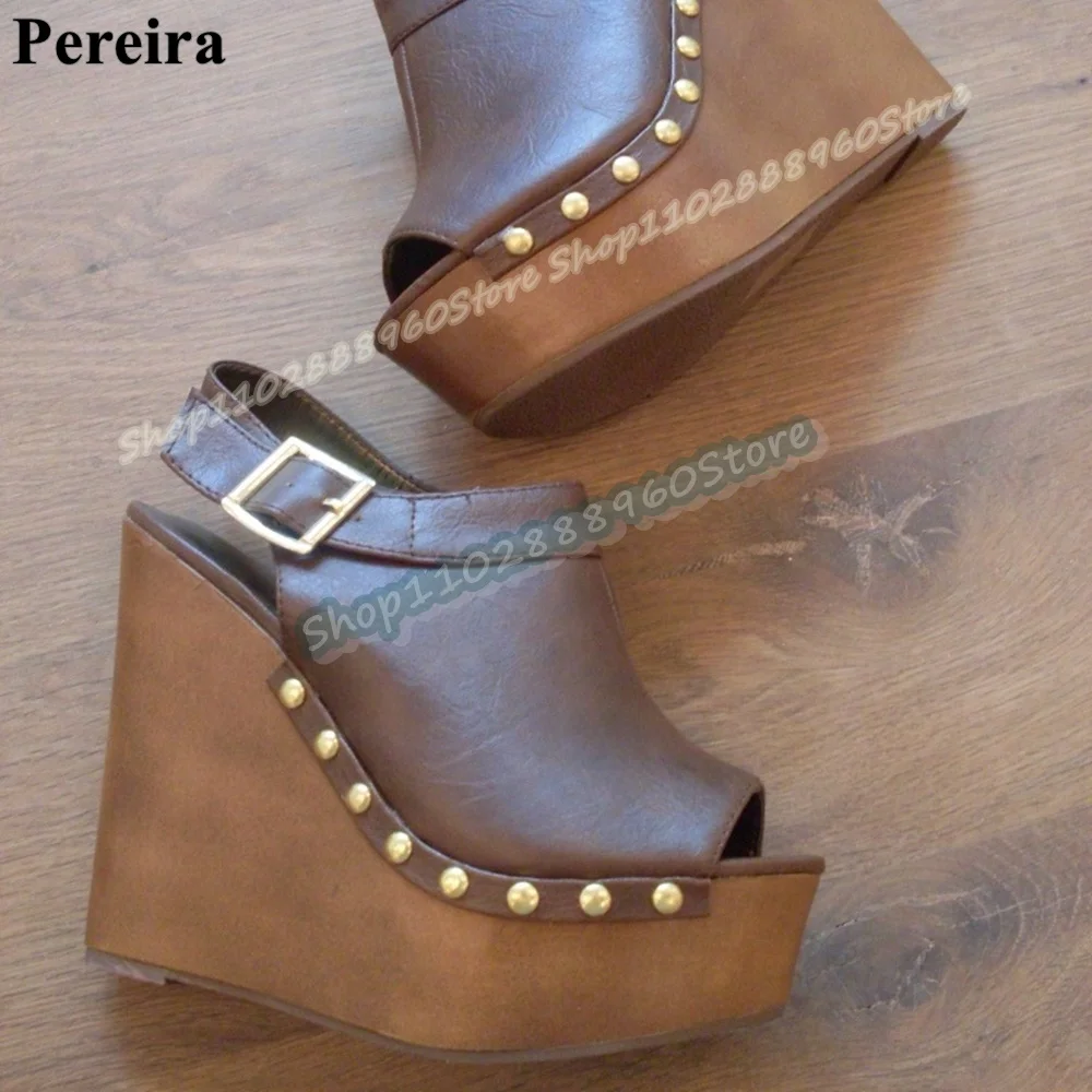 

Occidental Style Brown Matte Leather Platform Slippers Wedges High Heel Shoes For Women Buckle Strap Peep Toe Stylish Sandals