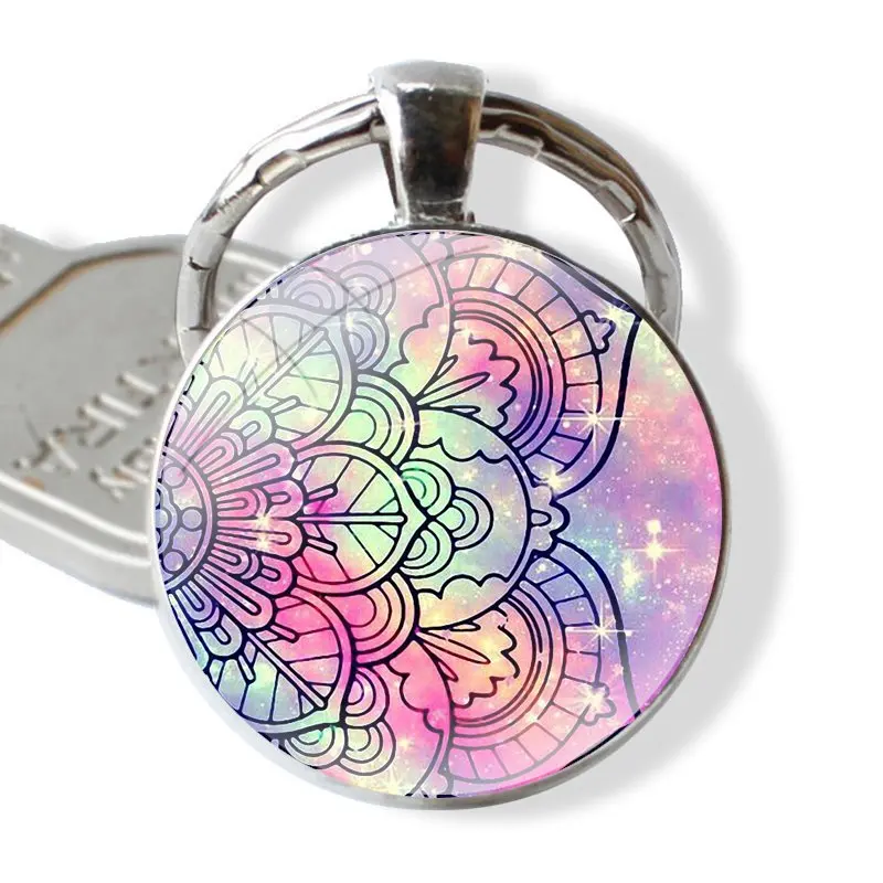 Keychain Handmade Glass Cabochon Key Ring Holder Pendant Key Chains Indian pattern mandala Pattern