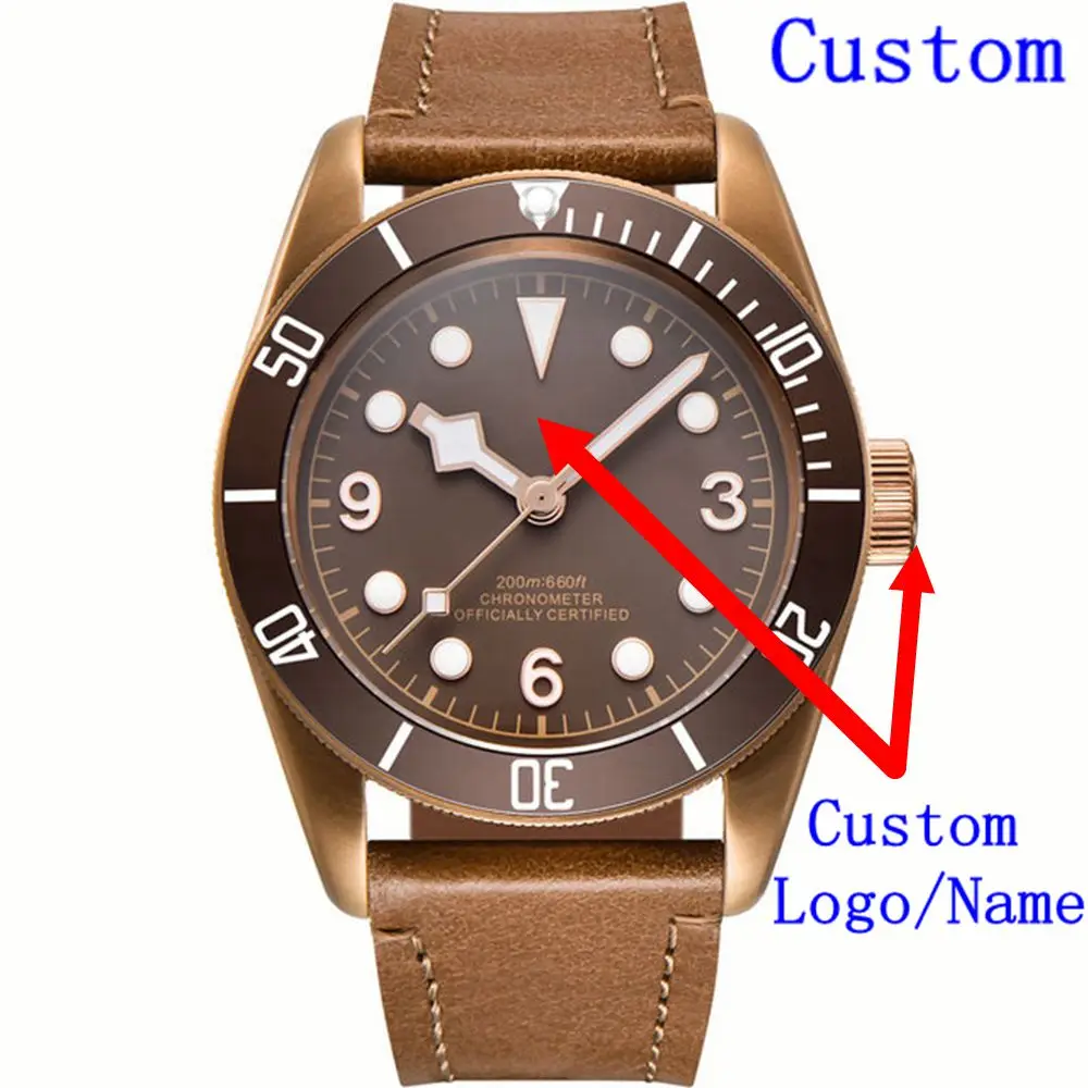 นาฬิกาข้อมือผู้ชายแบบกลไกอัตโนมัติ NH35A พร้อมโลโก้สั่งทำพิเศษ  หน้าปัดสีน้ำตาล  กระจกแซฟไฟร์  เรืองแสง  สไตล์ทหาร  กันน้ำลึก 100 เมตร
