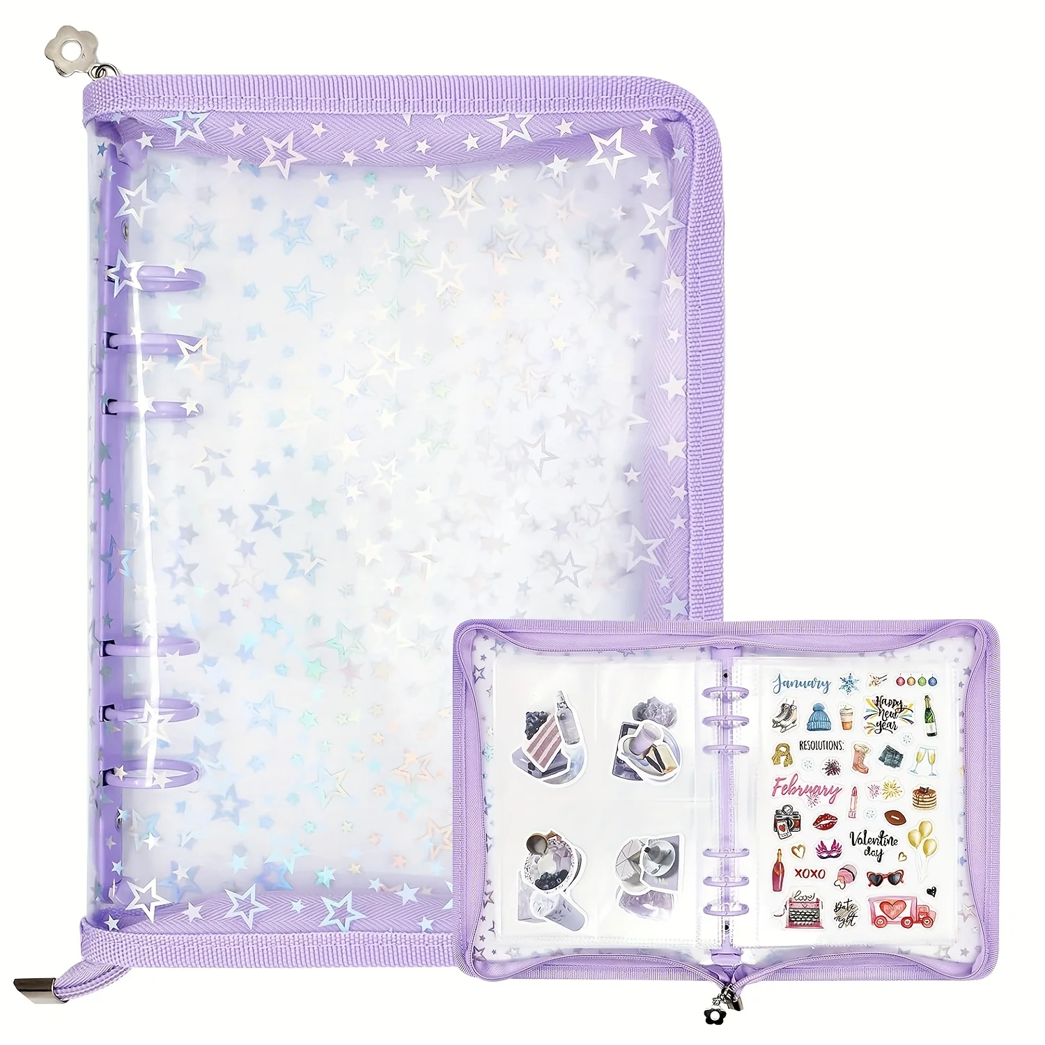 Sticker Storage Organizer Binder A5 Sticker Collecting Book Reusable Zipper Album with Clear Laser Star Cover and Pocket Pages