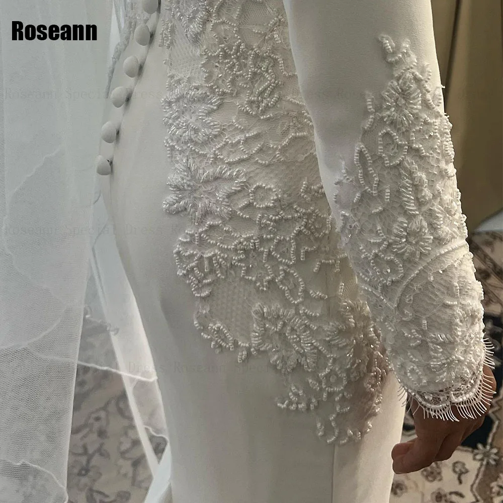 Robe de Mariée Sirène Musulmane Personnalisée avec Fleurs, Col Haut, Design Complet, Exquis, 2025