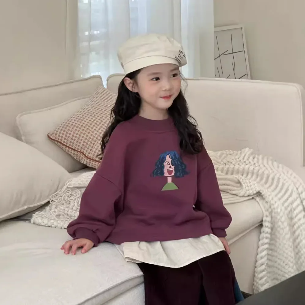 Girls Hoodie 2024 Autumn New Childrens Clothes Korean Baby Girl Foreign Cute Loose Cartoon Printed Hoodie Casual Simple Daily