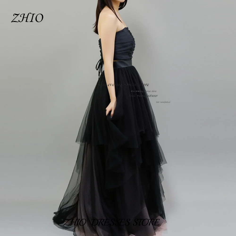ZHIO Elegant Black Strapless Layered Tulle Two Piece Evening Gown with High Slit Puffy Skirt Custom A-Line Prom Dress For Women