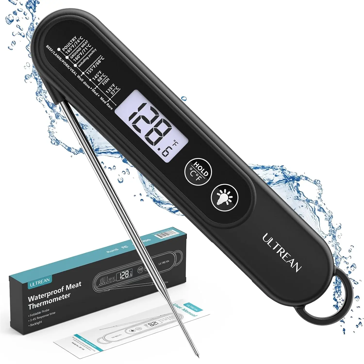 Ultra-Fast Digital Meat Thermometer with Backlight, Waterproof for BBQ, Grill, Oven & Candy Making