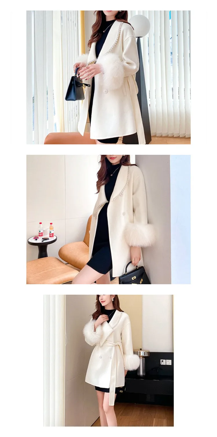 Office Lady Mid-Length Beaded Coat Autumn Winter New Fashion Faux Fox Fur Stitching Long-Sleeved Woolen Coats and Jackets Women