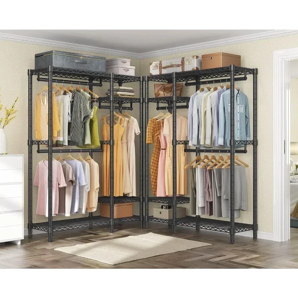 Closet Wardrobe, 4 Tiers Adjustable Wire Shelving Clothing Racks with 3 Hanging Rods, Freestanding Closet Metal Wardrobe Closet