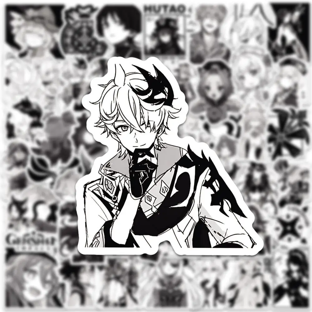 10/50pcs Anime Black and White Genshin Impact Game Stickers Vinyl Decals DIY Scrapbooking Luggage Laptop Car Decoration Sticker