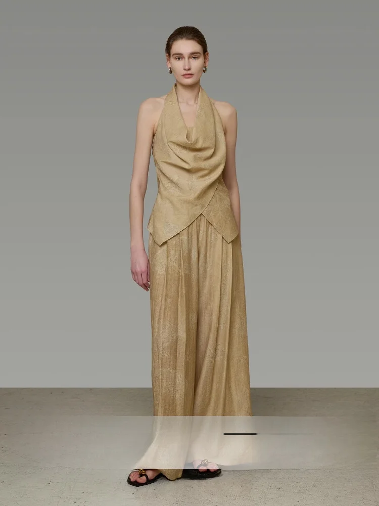 

Loose Wide Leg Casual Pants Women's Sleeveless Neck Hanging Design Khaki Two-Piece Set Fashionable Summer Outfit