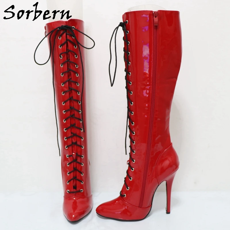 Sorbern Red Shiny 14cm Stilettos High Heel Unisex Boots Pointy Toes Zip Up Customized Shaft Length Cosplay Shoes For Sissy Boys