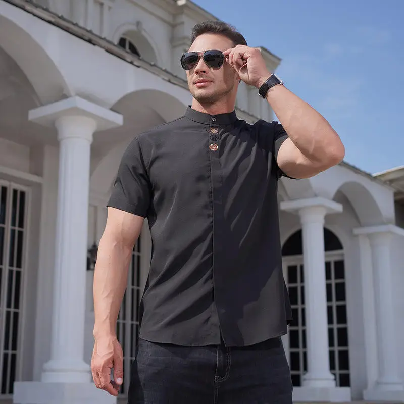

Men's Short Sleeve Shirt Embroidered Slim Fit Summer Thin Cotton Polyester Blend Casual Fashion Stand Collar Big Size
