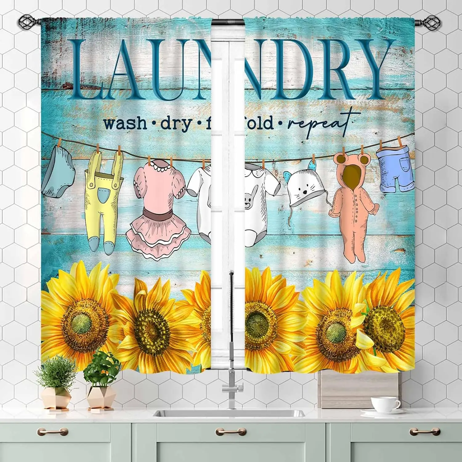 Laundry Room Curtains for Windows, Vintage Farmhouse Sunflower Rustic Blue Words Watercolor Hanging Clothes Laundry Treatments