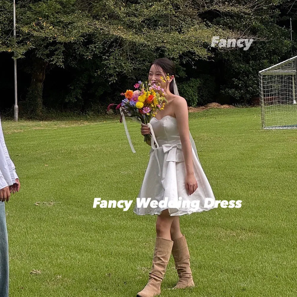 Fancy Simple Bow Mini Korea Wedding Dress A Line Soft Satin Bridal Gown Back Corset Customized