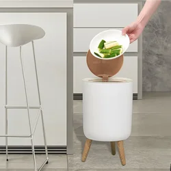 High Foot Wood Grain Trash Can Kitchen Bathroom Living Room Home Desktop Storage Bucket Office Hotel Trash Can Waste Bins