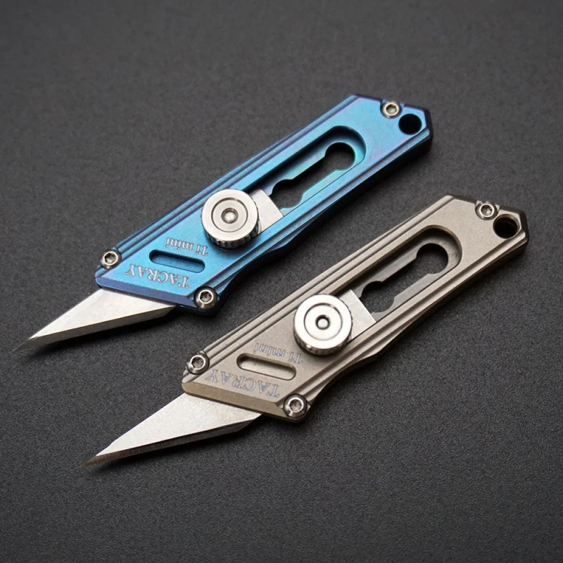 Blue Titanium Alloy Push Pocket Knife Multifunctional Keychain Utility Knife Survival EDC Tool Express Cutter can Replace Blade