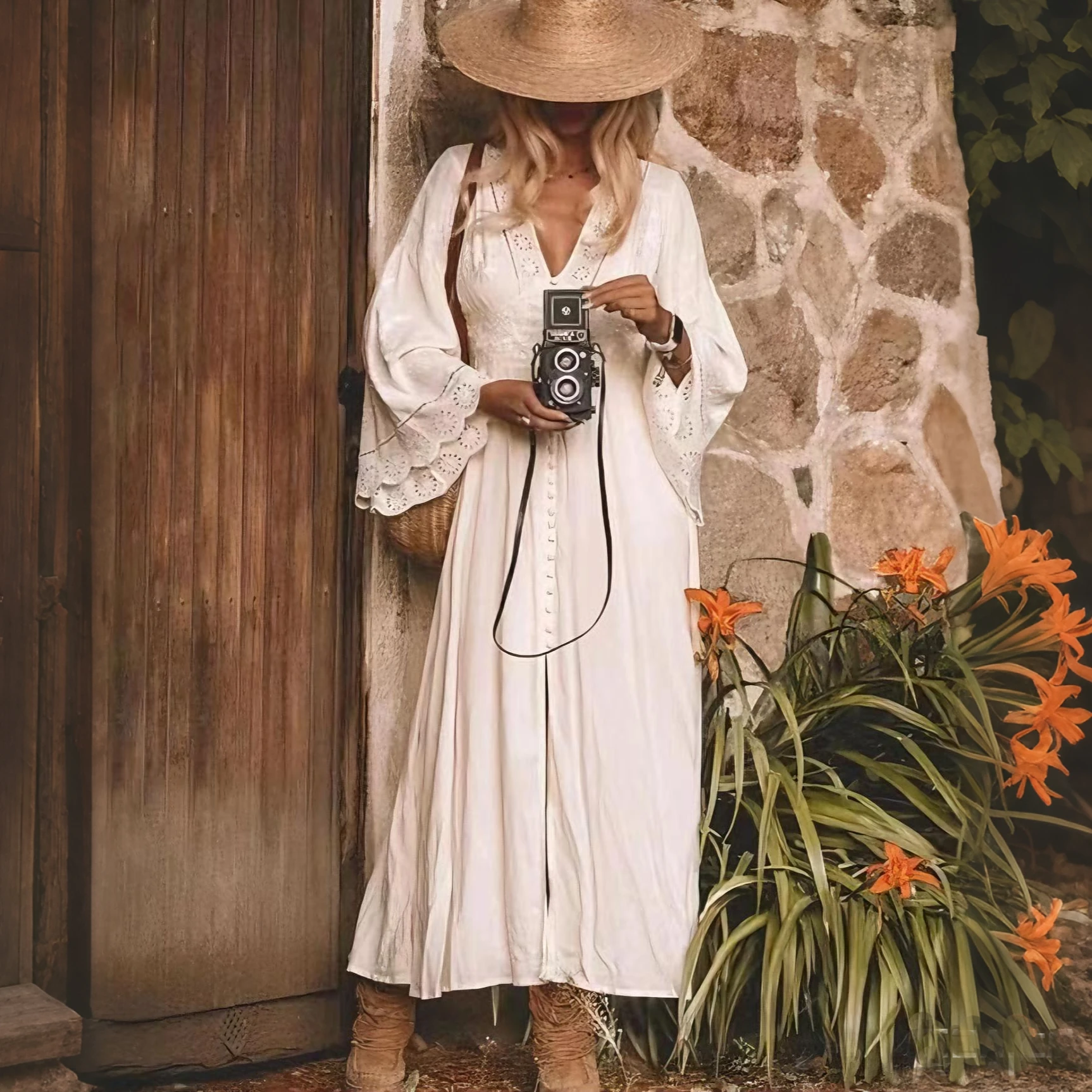 Abito da donna in pizzo a maniche lunghe svasato con scollo a V profondo ricamato floreale in rayon di cotone vintage Abito da donna Boho Beach autunnale da festa