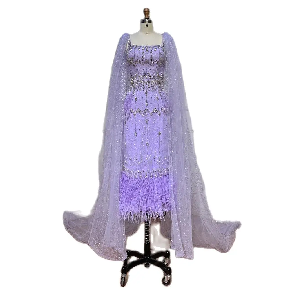 Exquisite Lilac Prom Dresses with Detachable Cape Sleeve Wedding Party Dresses Glitter Beading Evening Gowns Feathers Mid Calf