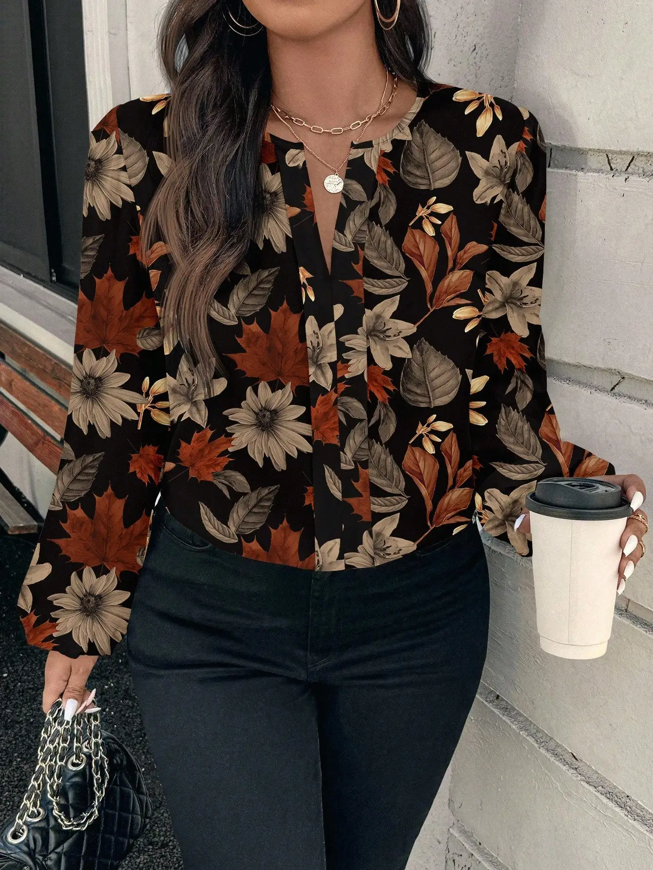 

Повседневная элегантная рубашка больших размеров с кленовым листом и цветочным узором, круглым вырезом и длинными рукавами, подходит для весны/осени