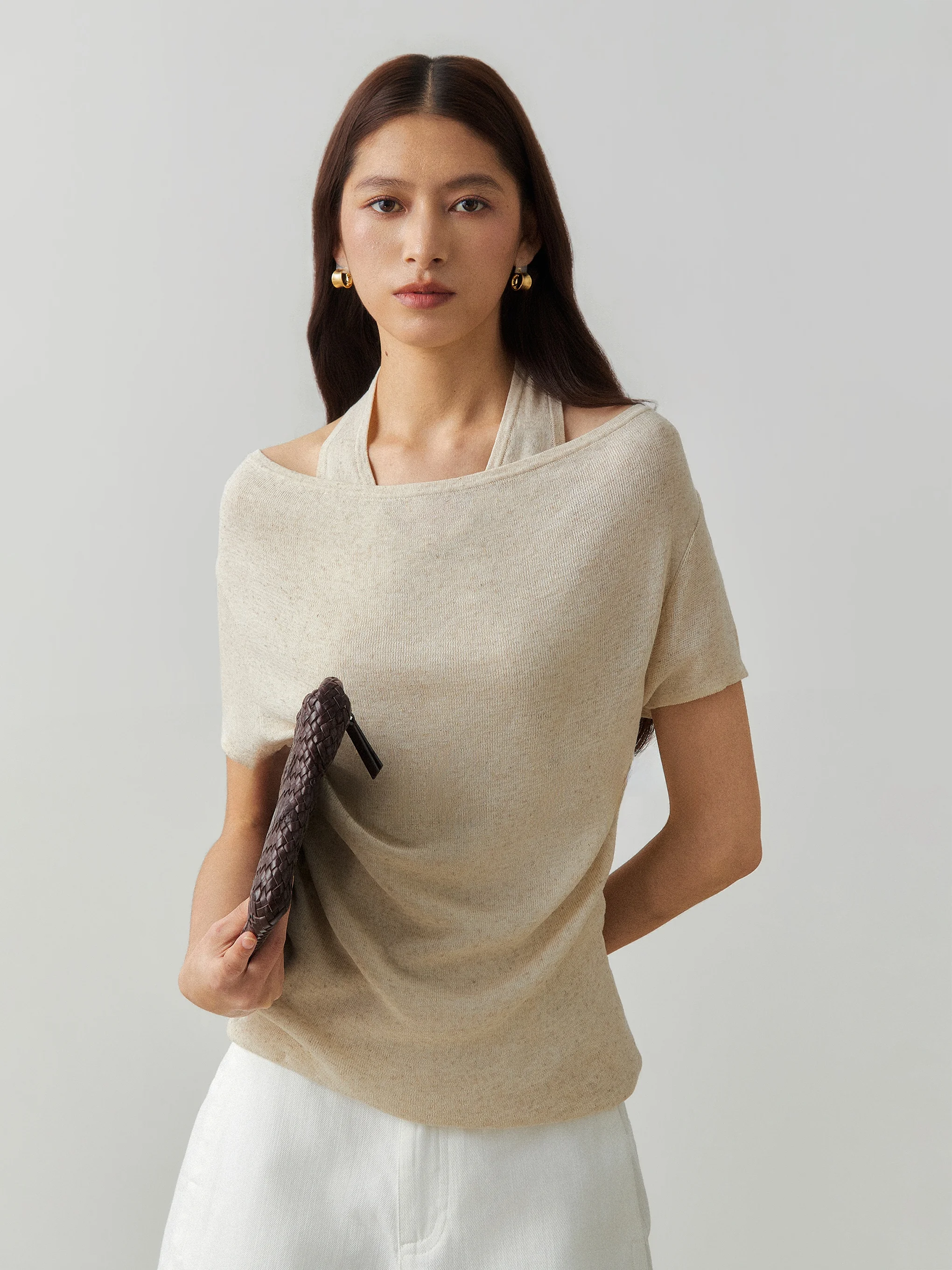 CHICZHI Linen Silk Cool Breathable One-Shoulder Knitted Short Sleeve T-Shirt Women's Casual Style Summer Top Casual Wear