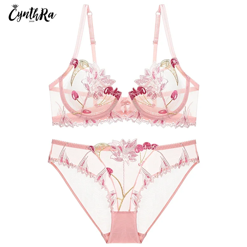 

Transparent Bras Set Women Nylon Sexy Pink Cherry Underwear Thin Large Size Bra and Panty Femme Lace Embroidery Bralette Sets