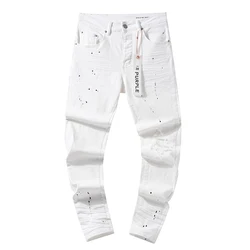 2024 New Purple Brand Ripped Jeans Simple Splash Ink Print Classic White Casual Pants PURPLE BRAND Men's Jeans