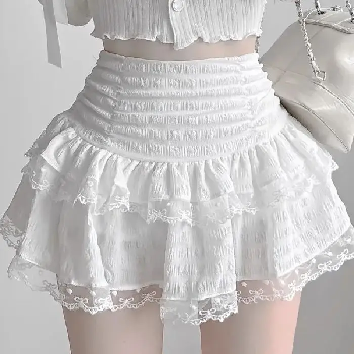 Minivestido estilo ballet con volantes y encaje, corte A, para mujer, primavera-verano, nuevo, cintura alta, dulce, estilo princesa, esponjoso, de media longitud.