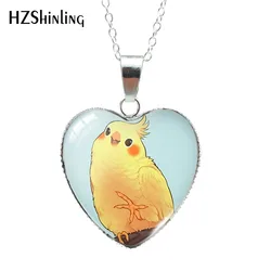 2023 Cartoon Cockatiel Parrot Birds Paintings Heart Shaped Glass Cabochon Pendants Handmade Necklace Jewelry hz3
