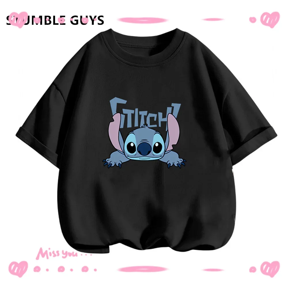 

3-14Y Kids Kawaii Stitch Sportswear T-Shirt Summer Disney Polka Dot Detail Casual Short Sleeve Boys Girls Jersey Clothes