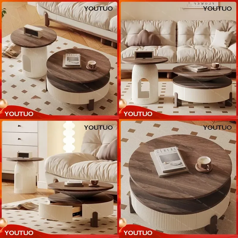 Creative Designer Coffee Table with Storage Movable Modern Classic Round Luxurious Wooden Living Room Furniture Accessory