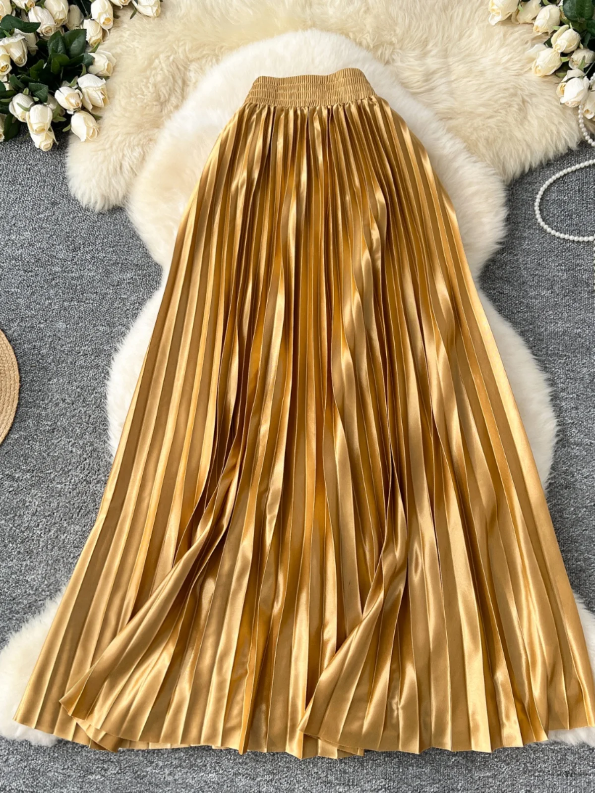 Ele – jupe mi-longue plissée couleur métal pour femme, taille haute, ligne a, pour les déplacements, Version coréenne, automne hiver