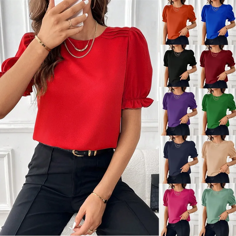 

Women Clothing 2026 Summer New Arrival Fashion Elegant Solid Color Round Neck Shirt Tops