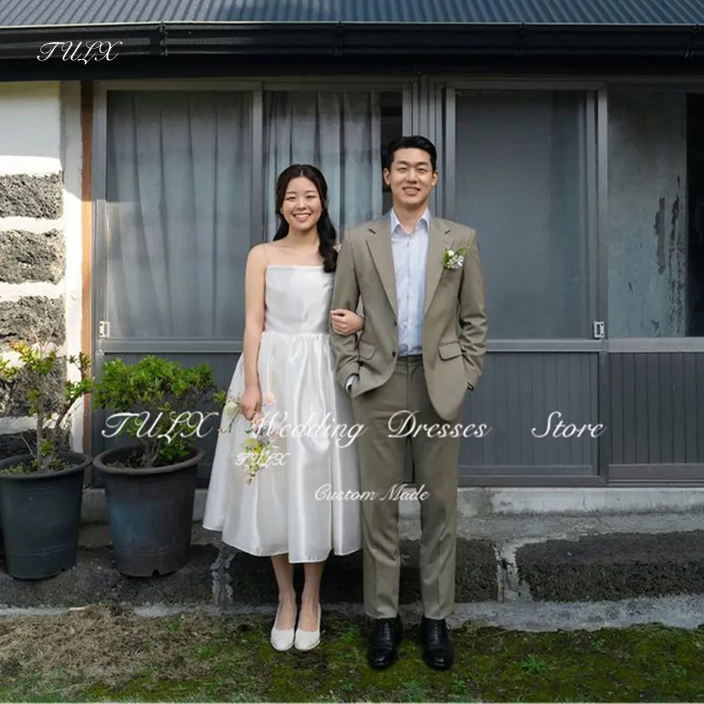 

TULX Spaghetti Strap Korea Wedding Dresses Sleeveless Simple Satin Bridal Dress Photos Shoot Tea Length 웨딩드레스 Corset Custom Made