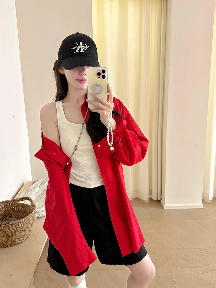 

Корейский свободный красный женский топ irt на весну и лето, повседневный топ с защитой от солнца, утягивающий универсальный длинный воротник све