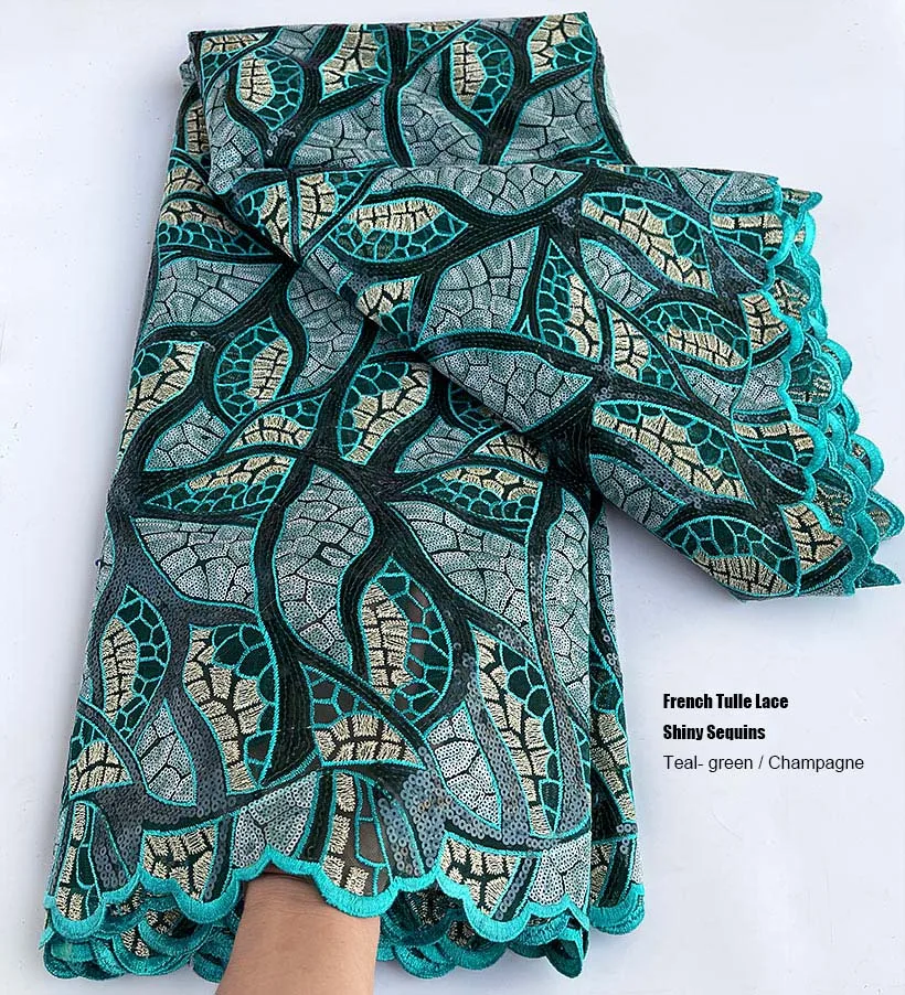 5 yards Embroidered French Lace African Textured Tulle Mesh Fabric with Sequins Fashionable Casual Occasional Traditional Wear