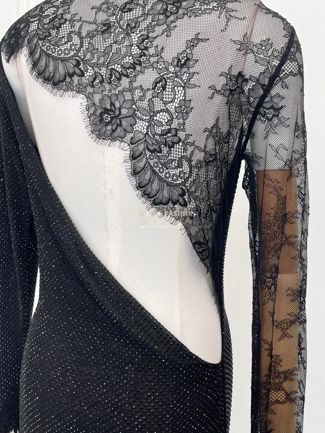 2025 High Quality New Black Long Sleeve Diamond Embellished Pressed Lace Patchwork Backless Mini Dress