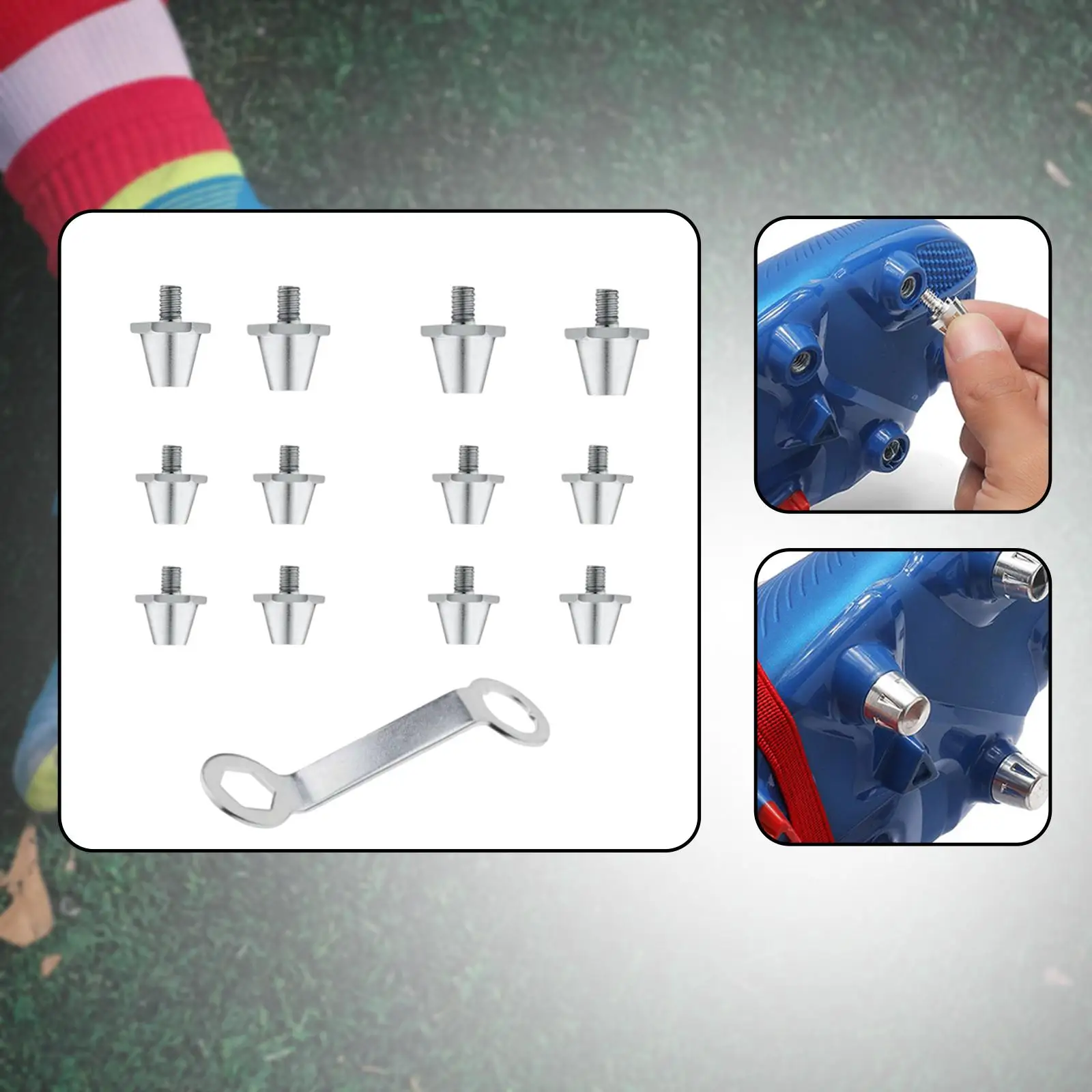 

12 шт., шпильки для футбольных бутс, сменные детали, 11 мм, 13 мм, с гаечным ключом, футбольные бутсы из алюминиевого сплава, шипы для соревновательного газона