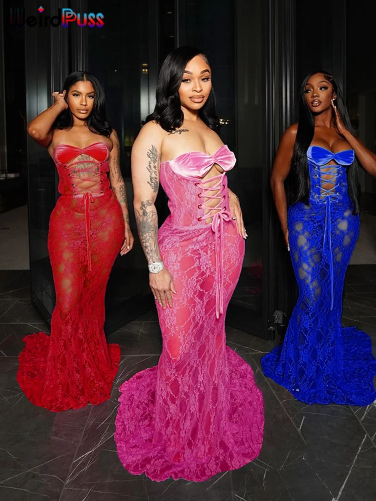Weird Puss Sexy Party Dress Women Mesh Patchwork Strapless Ruffring Hollow Coquette Banquet Elegant Summer Trend Maxi Bodycon